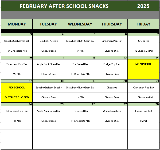 February 2025 After School Snack Program